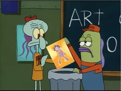 Size: 553x415 | Tagged: safe, artist:wenni, edit, oc, oc only, oc:bread, artist unknown (spongebob episode), belongs in the trash, bold and brash, chalkboard, lidded eyes, spongebob squarepants, squidward tentacles, trash, trash can