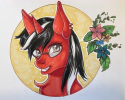 Size: 3588x2874 | Tagged: safe, artist:stardust, oc, oc only, oc:rosalia, pony, unicorn, bust, commission, female, flower, glasses, looking at you, mare, marker drawing, piercing, red and black oc, smiling, solo, traditional art, ych result