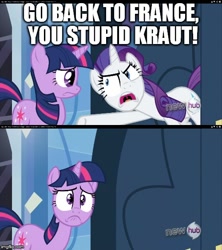 Size: 500x562 | Tagged: safe, derpibooru import, edit, edited screencap, screencap, rarity, twilight sparkle, pony, unicorn, games ponies play, door slam, hub logo, image macro, insulting rarity, meme