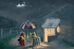 Size: 3000x2000 | Tagged: safe, artist:mongol, oc, oc only, pony, unicorn, clothes, fence, hat, rain, robe, scenery, shed, umbrella