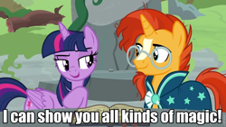 Size: 960x540 | Tagged: safe, edit, edited screencap, screencap, sunburst, twilight sparkle, twilight sparkle (alicorn), alicorn, pony, unicorn, shadow play, bedroom eyes, caption, female, image macro, male, mare, meme, out of context, ponehenge, shipping, stallion, starswirl's book, straight, twiburst