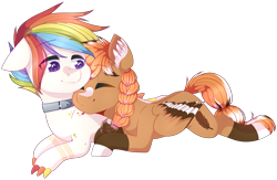 Size: 3395x2213 | Tagged: safe, artist:shiromidorii, oc, oc only, oc:death's head, oc:hoopoe, dracony, hybrid, pegasus, pony, collar, colored wings, female, high res, interspecies, lesbian, mare, multicolored wings, oc x oc, shipping