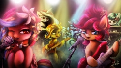 Size: 3840x2160 | Tagged: safe, artist:spectrumblaze, oc, oc only, oc:indonisty, oc:kwankao, oc:pearl shine, oc:rosa blossomheart, oc:temmy, pony, band, drums, drumsticks, electric guitar, female, guitar, keyboard, mare, mascot, microphone, nation ponies, singapore