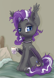 Size: 2000x2871 | Tagged: safe, artist:kovoranu, oc, oc only, oc:splash, bat pony, bed, chest fluff, choker, coffee, coffee mug, ear piercing, lip piercing, messy mane, morning, mug, piercing, solo, studded choker, tired, ych result