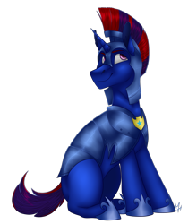 Size: 2037x2425 | Tagged: safe, artist:kobayashi-maruu, oc, oc only, oc:lavender dawn, pony, unicorn, commission, helmet, male, raised hoof, royal guard, simple background, sitting, solo, stallion, transparent background