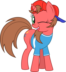 Size: 2888x3150 | Tagged: safe, artist:manual-monaro, oc, oc only, oc:nintendy, pony, unicorn, 2017 community collab, backwards ballcap, baseball cap, cap, clothes, derpibooru community collaboration, hat, looking at you, one eye closed, open mouth, shirt, simple background, smiling, solo, transparent background, wink