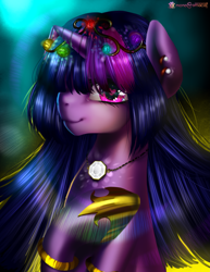 Size: 2975x3850 | Tagged: safe, artist:monochromacat, twilight sparkle, twilight sparkle (alicorn), alicorn, pony, crown, ear piercing, earring, female, hair over one eye, heart eyes, looking at you, mare, necklace, piercing, regalia, smiling, solo, wingding eyes