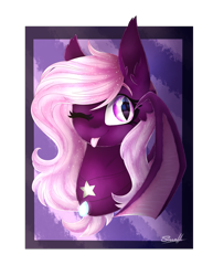 Size: 2485x3221 | Tagged: safe, artist:cloud-drawings, oc, oc only, oc:ariana vati, bat pony, pony, commission, female, mare, one eye closed, slit eyes, smiling, solo, tongue out, wink