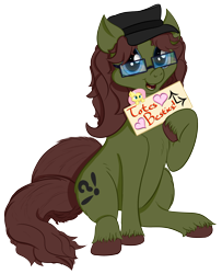 Size: 2656x3272 | Tagged: safe, artist:kayosdrive, fluttershy, oc, oc only, oc:kay, earth pony, pegasus, pony, 2018 community collab, cutie mark, derpibooru community collaboration, flower, glasses, hat, jewelry, key, looking at you, male, plushie, sign, simple background, sitting, smiling, solo, transparent background, unshorn fetlocks