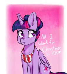Size: 1286x1408 | Tagged: safe, artist:shiny-cooler, twilight sparkle, twilight sparkle (alicorn), alicorn, pony, alternate hairstyle, blushing, clothes, gradient background, hair bun, scarf, sitting, solo