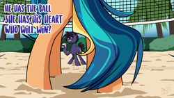Size: 1920x1080 | Tagged: safe, artist:pixxpal, oc, oc only, oc:break spin, oc:playa "spikeball" azul, earth pony, pony, beach, cap, female, framed by legs, hat, male, mare, oc x oc, palm tree, plot, rear view, sand, shadow, shipping, spikespin, sports, stallion, straight, tree, volleyball, volleyball net