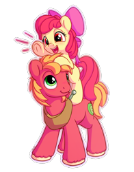 Size: 1100x1400 | Tagged: safe, artist:bobdude0, apple bloom, big macintosh, earth pony, pony, adorabloom, apple bloom's bow, bow, brother and sister, cute, duo, female, filly, hair bow, macabetes, male, open mouth, ponies riding ponies, siblings, simple background, smiling, stallion, yoke