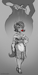 Size: 1280x2514 | Tagged: safe, artist:sutibaruart, oc, oc only, oc:moniker, oc:monique, anthro, alternate hairstyle, apron, bimbo, body control, breasts, cleavage, clothes, grayscale, housewife, marionette, monochrome, shoes