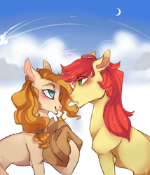 Size: 1024x1195 | Tagged: safe, artist:notthemosttalented, bright mac, pear butter, earth pony, pony, the perfect pear, applejack's parents, blushing, brightbutter, cloud, ear fluff, female, floppy ears, frown, looking at each other, male, mare, moon, open mouth, raised hoof, shipping, smiling, stallion, stars, straight