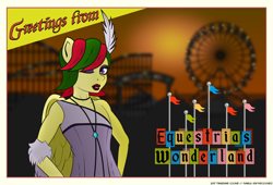 Size: 4880x3311 | Tagged: safe, artist:askthecookies, oc, oc only, oc:attraction, anthro, pegasus, absurd resolution, amusement park, clothes, crossdressing, feather in hair, femboy, ferris wheel, flapper, jewelry, lipstick, male, necklace, pearl necklace, postcard, roller coaster, trap