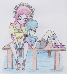 Size: 1550x1715 | Tagged: safe, artist:marta4708, gloriosa daisy, juniper montage, equestria girls, legend of everfree, movie magic, spoiler:eqg specials, clothes, converse, eyes closed, female, glasses, pier, shoes, sitting, sleeping, socks, traditional art, water