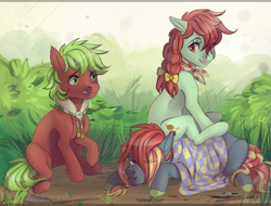 Size: 1233x939 | Tagged: safe, artist:1an1, apple cinnamon, candy apples, oc, earth pony, pony, apple family member, collar, neckerchief, picnic blanket, ponies riding ponies, trio