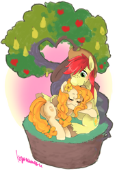 Size: 1079x1573 | Tagged: safe, artist:kogarasumaru24, bright mac, pear butter, earth pony, pony, the perfect pear, apple, apple tree, brightbutter, cuddling, dirt cube, female, food, intertwined trees, male, pear, pear tree, shipping, straight, tree