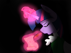 Size: 1600x1200 | Tagged: safe, artist:universe-fairy, twilight sparkle, twilight sparkle (alicorn), alicorn, pony, alexander hamilton, clothes, darkness, hamilton, magic, parody, quill, scroll, solo, writing