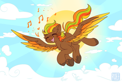 Size: 4491x3000 | Tagged: safe, artist:ruef, oc, oc only, oc:weird autumn, pegasus, pony, cloud, eyes closed, flying, prancing, singing, solo, sun