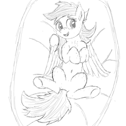 Size: 3000x3000 | Tagged: safe, artist:pzkratzer, oc, oc only, oc:shadowfly, pegasus, pony, bat ears, bed, belly button, cute, fluffy, looking at you, monochrome, on back, pillow, sketch, smiling