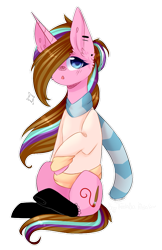 Size: 615x947 | Tagged: safe, artist:twinkepaint, oc, oc only, oc:twinke paint, pony, unicorn, clothes, female, mare, scarf, shirt, simple background, sitting, socks, solo, transparent background