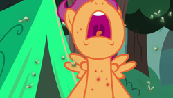 Size: 1280x720 | Tagged: safe, screencap, scootaloo, fly-der, pony, campfire tales, fly-der bite, nose in the air, open mouth, solo, volumetric mouth