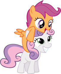 Size: 663x805 | Tagged: safe, artist:shnakes, scootaloo, sweetie belle, pegasus, pony, unicorn, cute, cutealoo, diasweetes, female, filly, foal, mare, ponies riding ponies, scootahat, smiling