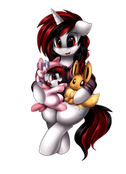 Size: 2186x3009 | Tagged: safe, artist:pridark, oc, oc only, pony, unicorn, baby, baby pony, clothes, eevee, female, mare, mother and child, mother and daughter, pajamas, parent and child, pokémon, simple background, smiling, sylveon, transparent background