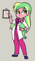 Size: 1028x1800 | Tagged: safe, artist:khuzang, lemon zest, equestria girls, clipboard, clothes, female, hand on hip, headphones, lab coat, pants, solo