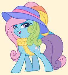 Size: 1710x1878 | Tagged: safe, artist:sparkiss-pony, rainbow dash (g3), earth pony, pony, g3, g3.5, base used, clothes, g3.5 to g4, g3betes, generation leap, hat, lidded eyes, rainbow dash always dresses in style, scarf, simple background, smiling, solo, yellow background