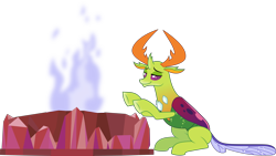 Size: 7284x4096 | Tagged: safe, artist:tralomine, thorax, changedling, changeling, triple threat, absurd resolution, behaving like a moth, bugs doing bug things, ceremonial dragon fire flame of friendship, fire, king thorax, silly changeling, simple background, sitting, smiling, solo, transparent background, vector