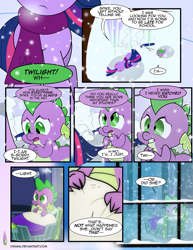 Size: 1275x1650 | Tagged: safe, artist:dsana, spike, twilight sparkle, dragon, pony, comic:the shadow shard, abuse, clothes, comic, crying, emotional, illusion, nightmare, scarf, snow, spikeabuse