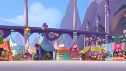 Size: 1920x1080 | Tagged: safe, screencap, my little pony: the movie, background, balloon, bow, cake, canterlot, carrot, drink, festival of friendship, flower, food, friendship festival, hat, no pony, scenery, tent, tents