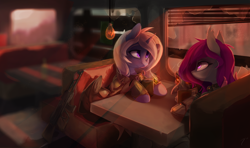 Size: 1280x759 | Tagged: safe, artist:tangomangoes, oc, oc only, oc:lady midday, oc:nom de plume, bat pony, pony, unicorn, fallout equestria, armor, broken glass, broken window, commission, diner, drink, duo, elite riot gear, enclave, enclave armor, female, frown, grand pegasus enclave, looking at each other, mare, power armor, sitting
