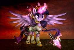 Size: 2416x1638 | Tagged: safe, artist:czywko, artist:devanarcher101, twilight sparkle, twilight sparkle (alicorn), alicorn, pony, collaboration, armor, crown, dark, digital art, glowing horn, jewelry, magic, other dimension, regalia, solo, spread wings, textured background, wings