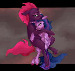 Size: 1070x1016 | Tagged: safe, artist:colorlesscupcake, fizzlepop berrytwist, tempest shadow, twilight sparkle, twilight sparkle (alicorn), alicorn, pony, my little pony: the movie, female, hug, lesbian, mare, shipping, tempestlight