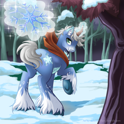 Size: 3000x3000 | Tagged: safe, artist:askcolorflare, oc, oc only, oc:blue frost, pony, unicorn, high res, magic, male, raised hoof, snow, snowflake, solo, stallion, underhoof