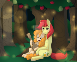 Size: 1024x819 | Tagged: safe, artist:twisted-sketch, bright mac, pear butter, pony, the perfect pear, apple tree, brightbutter, bronycon2017, female, guitar, male, print, shipping, straight, tree, watermark