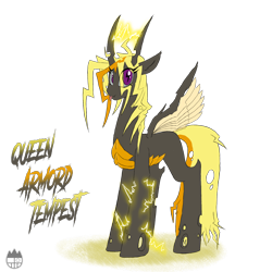 Size: 1400x1400 | Tagged: safe, artist:sanyo2100, oc, oc only, oc:armord tempest, changeling, changeling queen, changeling oc, changeling queen oc, electric changeling, female, lighting, looking at you, simple background, solo, tongue out, transparent background, yellow changeling
