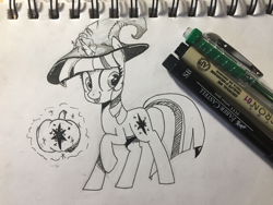 Size: 1280x960 | Tagged: safe, artist:mrfancy, twilight sparkle, cute, halloween, hat, holiday, ink, jack-o-lantern, monochrome, pumpkin, simple background, solo, tongue out, traditional art, witch hat