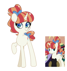 Size: 1500x1600 | Tagged: safe, artist:turtlefarminguy, cherry cola, cherry fizzy, rainberry, rainbow stars, pony, unicorn, booth barker, bow, picture in picture, raised hoof, simple background, solo, tail bow, transparent background