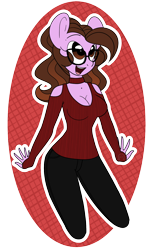 Size: 1028x1687 | Tagged: safe, artist:sweetcleanfun, oc, oc only, oc:ivy rose, anthro, alternate hairstyle, bare shoulders, breasts, cleavage, clothes, female, glasses, happy, keyhole turtleneck, smiling, solo, sweater, turtleneck