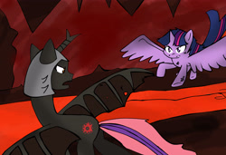 Size: 3480x2374 | Tagged: safe, artist:helsaabi, twilight sparkle, twilight sparkle (alicorn), oc, oc:fallenlight, alicorn, fight, lava