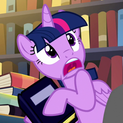 Size: 720x720 | Tagged: safe, screencap, twilight sparkle, twilight sparkle (alicorn), alicorn, pony, do princesses dream of magic sheep, book, bookshelf, cropped, shocked, solo, that pony sure does love books