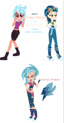 Size: 666x1272 | Tagged: safe, artist:berrypunchrules, frosty orange, indigo zap, equestria girls, clothes, ear piercing, earring, eyes do not belong there, female, fingerless gloves, fusion, gloves, goggles, jewelry, midriff, piercing, short shirt, third eye