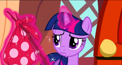 Size: 1360x730 | Tagged: safe, screencap, twilight sparkle, pony, dragon quest, 3:, bindle, golden oaks library, knapsack, magic, solo