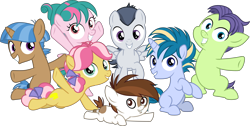 Size: 8065x4057 | Tagged: safe, artist:pink1ejack, cucumber seed, kettle corn, mocha berry, pipsqueak, rumble, skeedaddle, tulip swirl, pony, marks and recreation, absurd resolution, colt, female, filly, looking at you, male, simple background, smiling, transparent background, vector