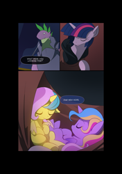 Size: 3541x5016 | Tagged: safe, artist:gashiboka, princess gold lily, princess sterling, spike, twilight sparkle, twilight sparkle (alicorn), alicorn, dragon, pony, comic:recall the time of no return, absurd resolution, comic, cute, female, filly, foal, older, older spike