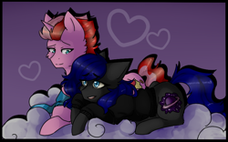 Size: 800x500 | Tagged: safe, artist:vanabette, oc, oc only, oc:cherry swirl, oc:stargazer, earth pony, pony, unicorn, clothes, cloud, cute, female, hoodie, lying down, male, mare, scarf, shipping, stallion, straight, ych result